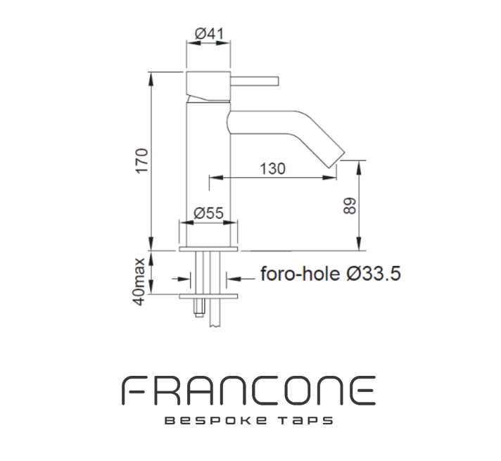 Technical drawing with dimensions for the Francone SS64 solid brass deck-mounted mixer tap.