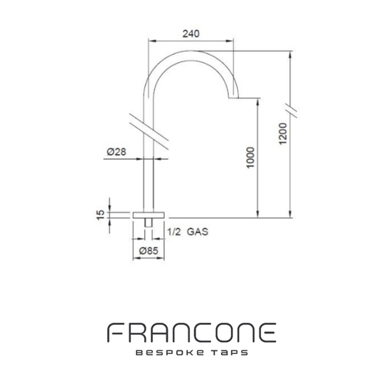 Technical drawing with dimensions for the Francone SS67 solid brass floor-mounted tap and faucet.