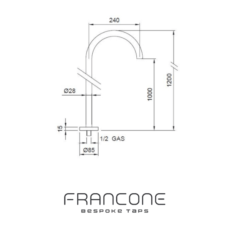Technical drawing with dimensions for the Francone SS67 solid brass floor-mounted tap and faucet.