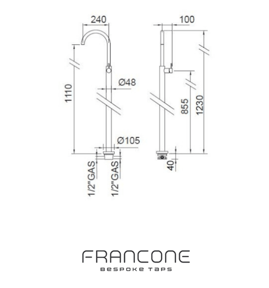 Technical drawing with dimensions for the Francone SS77 solid brass floor-mounted tap and faucet mixer.