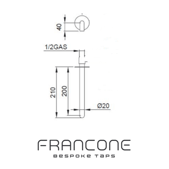 Technical drawing with dimensions for the Francone SSA15 wall-mounted solid brass spout.