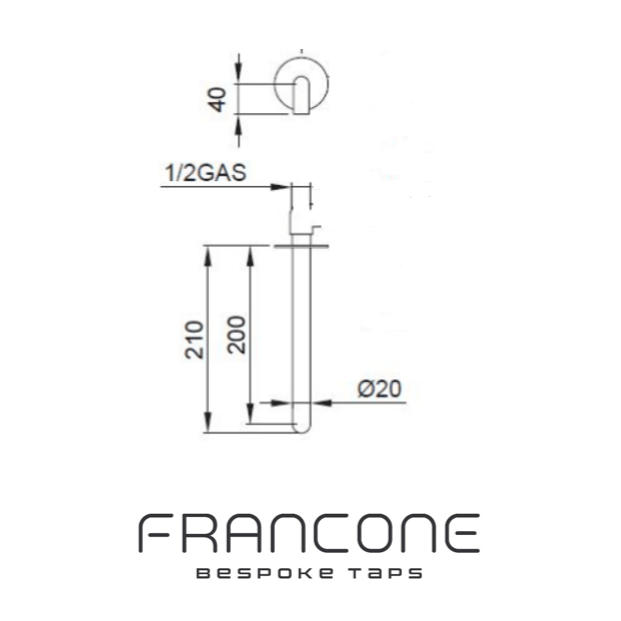 Technical drawing with dimensions for the Francone SSA15 wall-mounted solid brass spout.