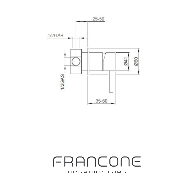 Technical drawing with dimensions for the Francone SSA5 solid brass wall-mounted bathroom diverter faucet.