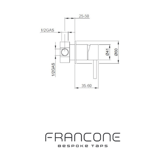 Technical drawing with dimensions for the Francone SSA5 solid brass wall-mounted bathroom diverter faucet.