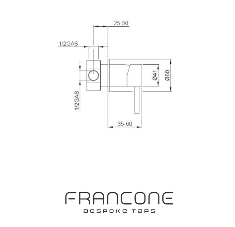 Technical drawing with dimensions for the Francone SSA5 solid brass wall-mounted bathroom diverter faucet.
