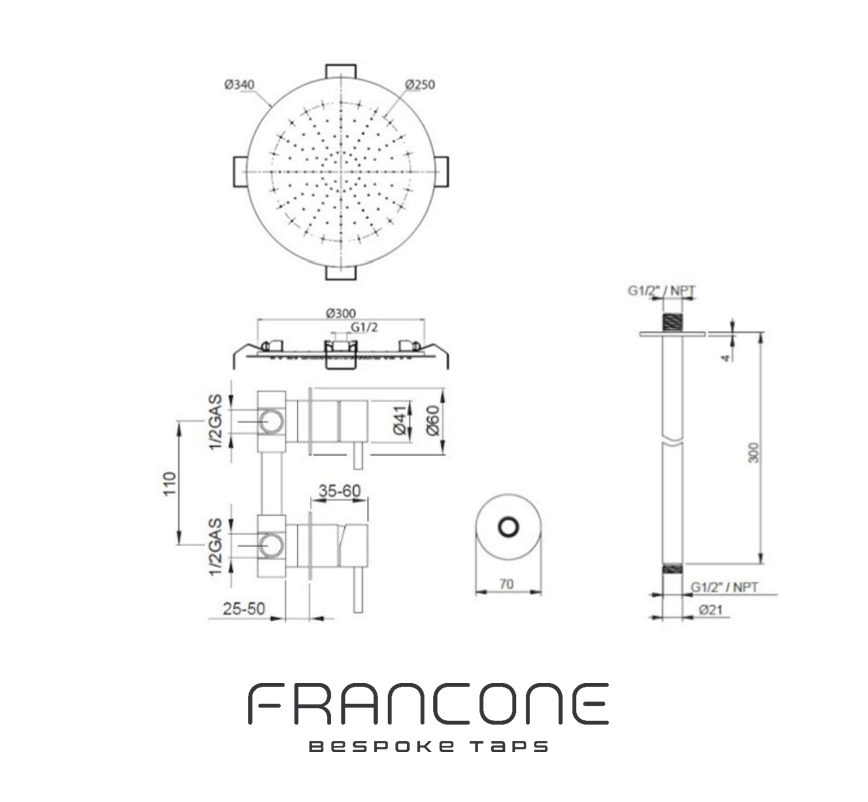 Technical drawing with dimensions for the Francone SSS17 round solid brass ceiling mounted shower.