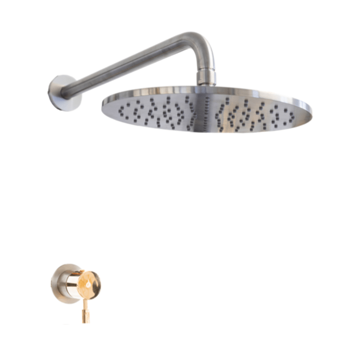 A Francone SSS6 Classic wall-mounted round shower head and matching mixer control in solid brass.