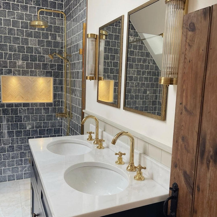 Traditional Francone BT1 solid brass three-hole basin faucets installed on a double vanity by Velvet Wellies Home