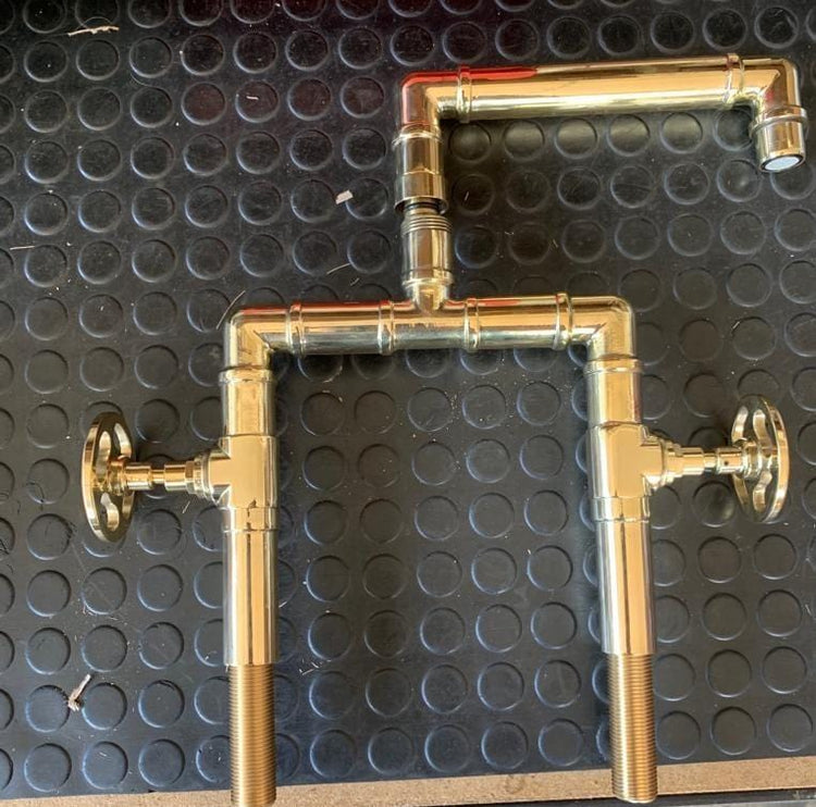 Handcrafted Francone BT13 unlacquered brass industrial bathroom tap faucet with wheel handles.