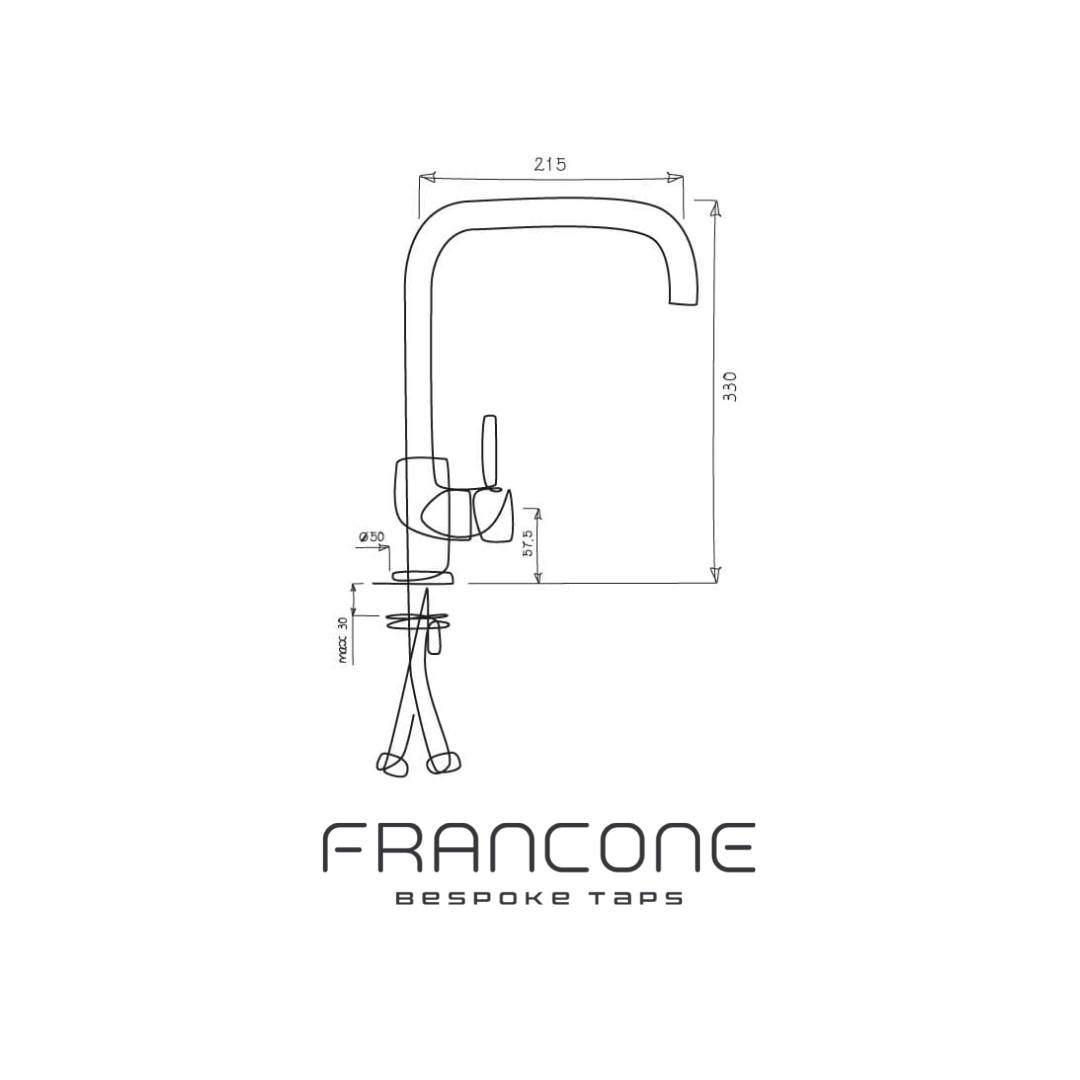 Technical drawing with dimensions for the Francone BT14 deck-mounted mixer faucet.