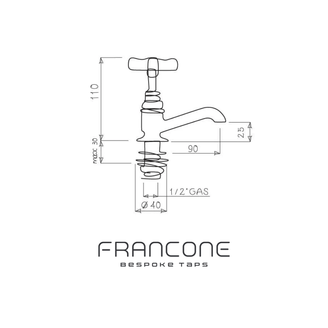 Technical drawing with dimensions for the Francone BT15W traditional solid brass bathroom pillar tap.