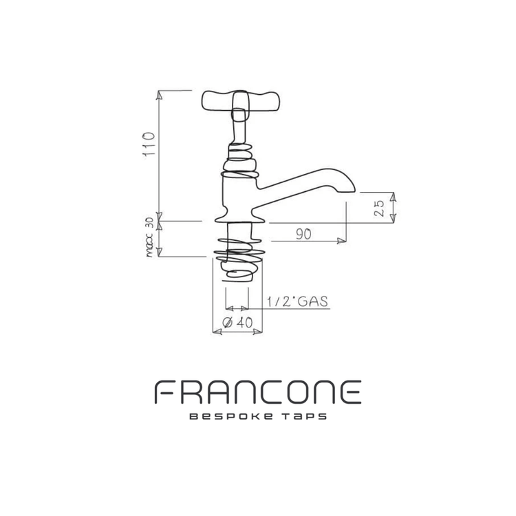 Technical drawing with dimensions for the Francone BT15W traditional solid brass bathroom pillar tap.