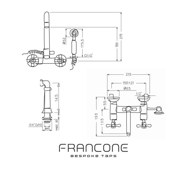 Technical drawing with dimensions for the traditional Francone BT22D solid brass deck-mounted bath filler faucet.