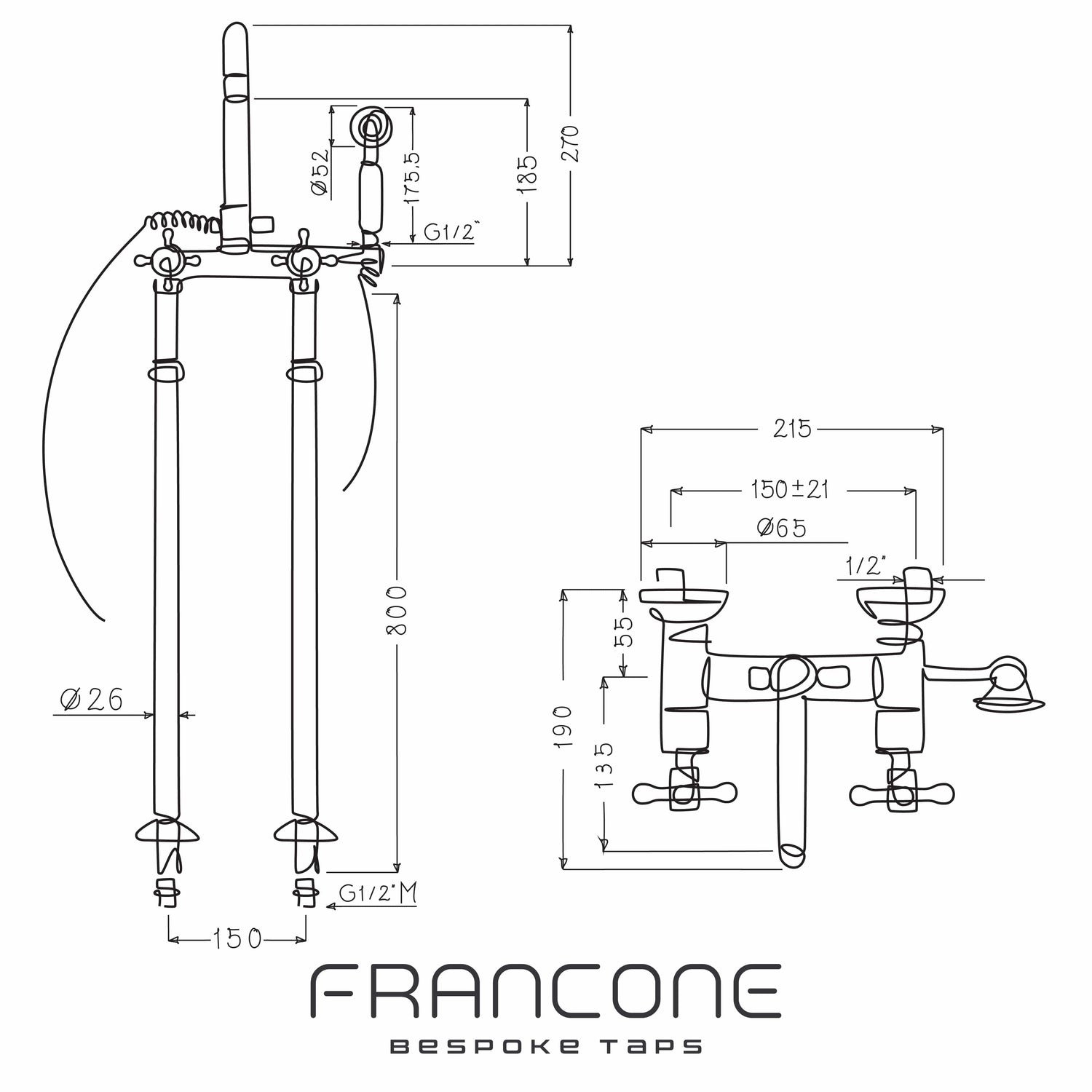 Technical drawing with dimensions for the Francone BT22F traditional floor-mounted brass bath filler faucet.