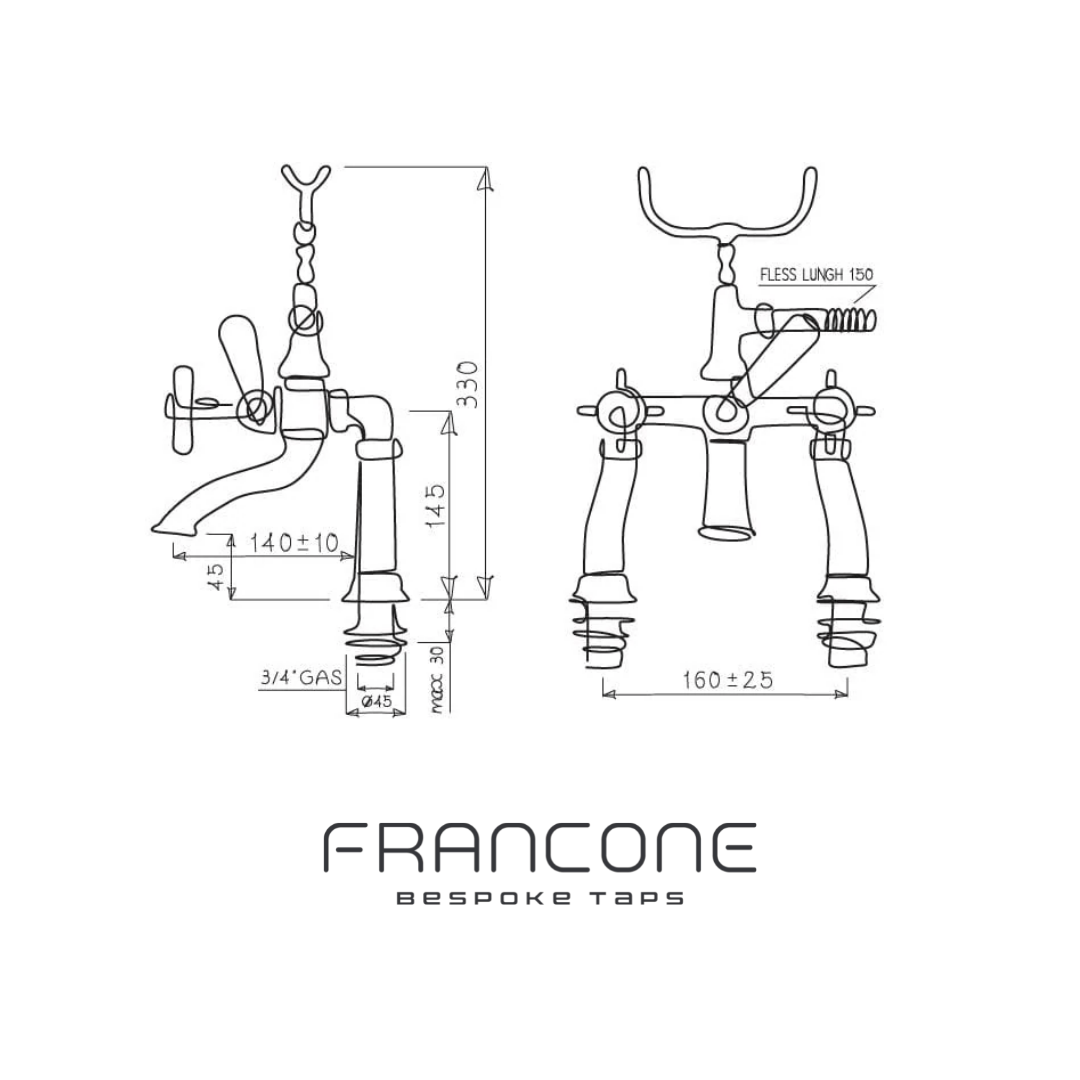 Technical drawing with dimensions for the Francone BT23D deck mounted bath filler tap and hand shower.