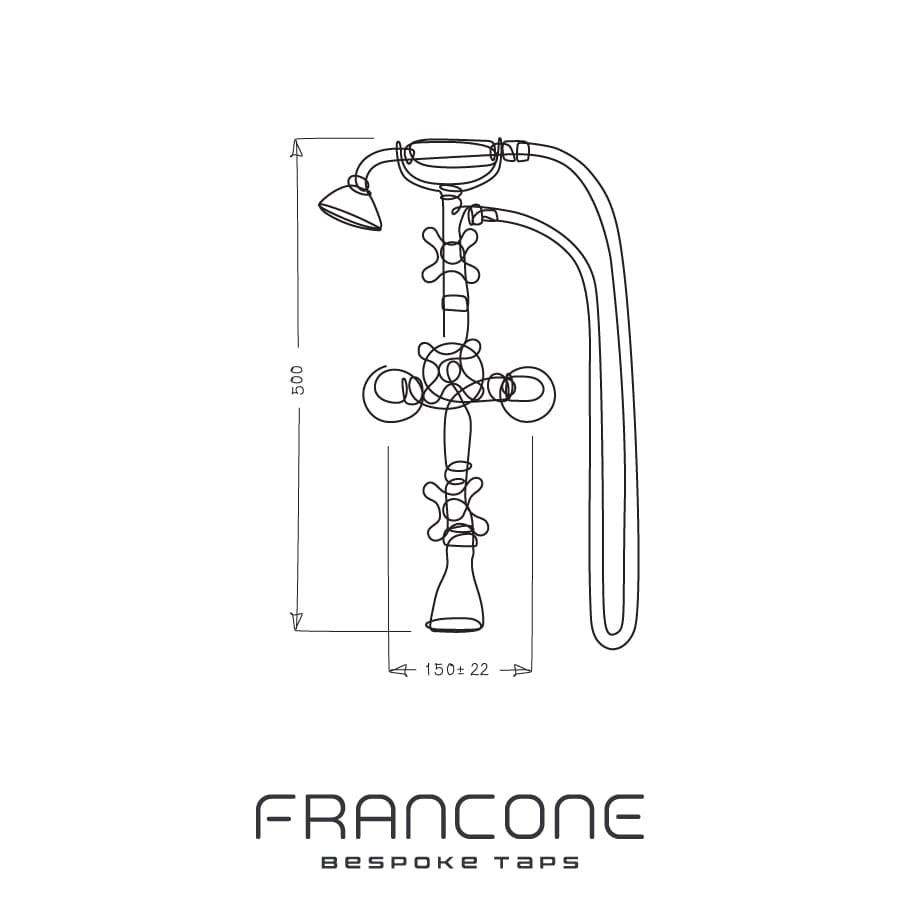 Technical drawing with dimensions for the Francone BT23TF solid brass floor-mounted thermostatic bath filler faucet.