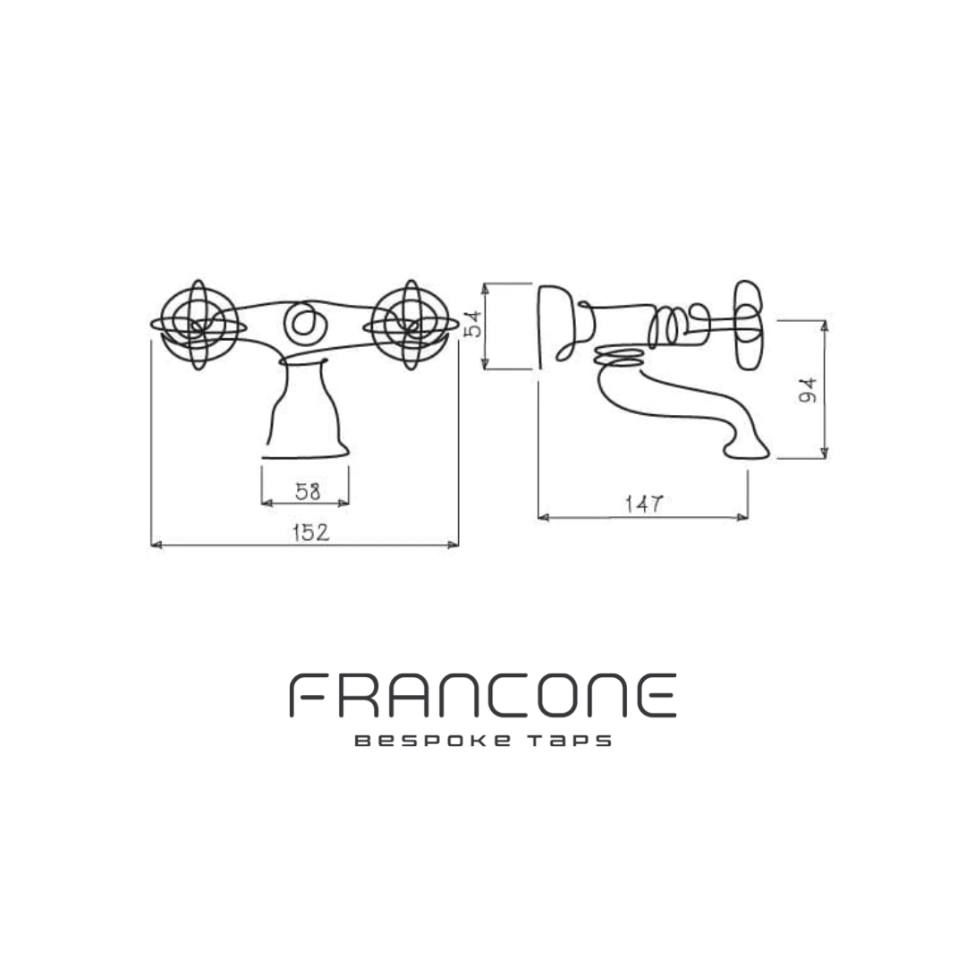 Technical drawing with dimensions for the Francone BT25 traditional solid brass bath filler faucet.
