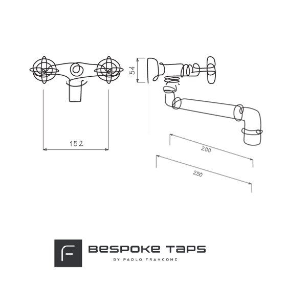 Technical drawing with dimensions for the Francone BT25S solid brass wall-mounted tap faucet.