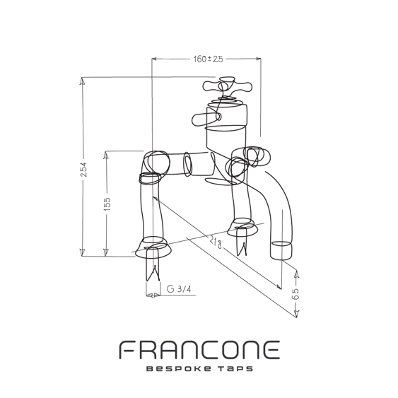 Technical drawing with dimensions for the Francone BT34TD solid brass deck-mounted thermostatic bath filler faucet.