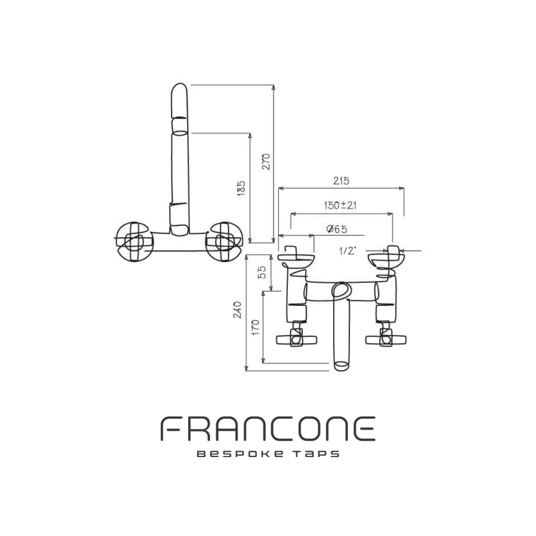 Technical drawing with dimensions for the Francone BT35 traditional wall-mounted bathroom tap and faucet.