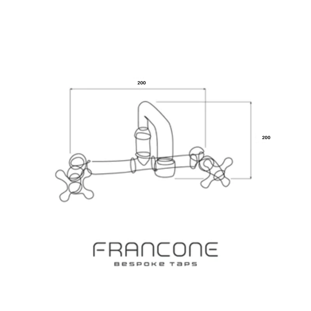 Technical drawing with dimensions for the Francone BT40S bespoke wall-mounted traditional brass faucet.