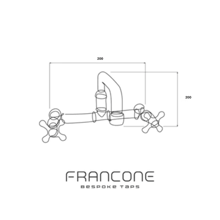 Technical drawing with dimensions for the Francone BT40S bespoke wall-mounted traditional brass faucet.