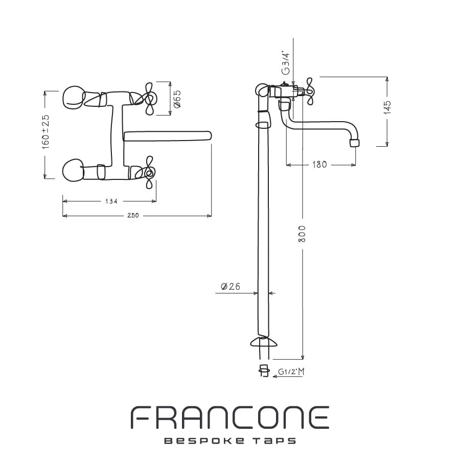 Technical drawing with dimensions for the Francone BT41D traditional solid brass faucet with stands.