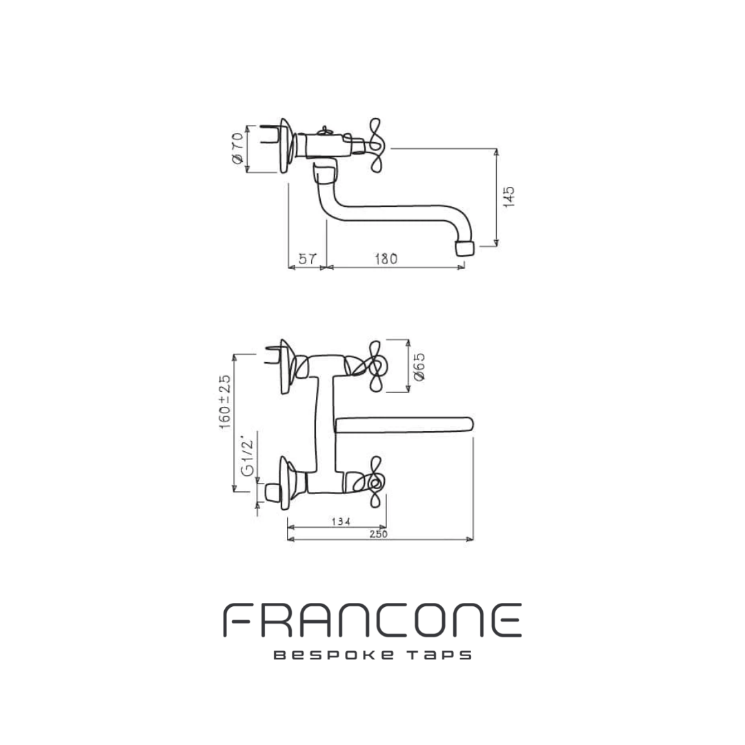 Technical drawing with dimensions for the Francone BT41Q unlacquered brass traditional wall tap faucet.