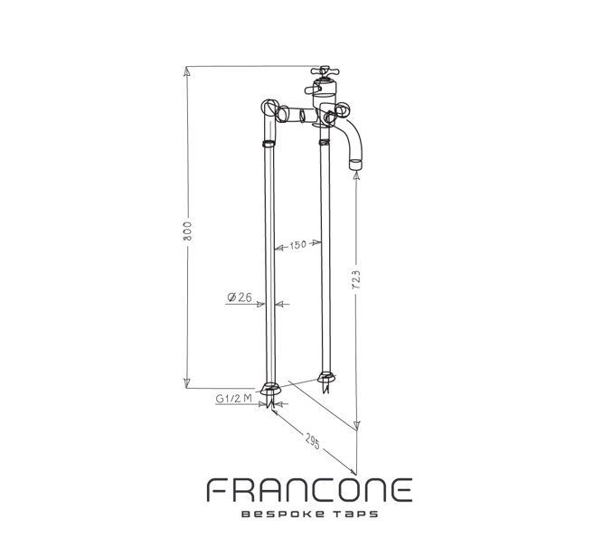 Technical drawing with dimensions for the Francone BT41TF traditional floor-mounted solid brass bathroom tap faucet.