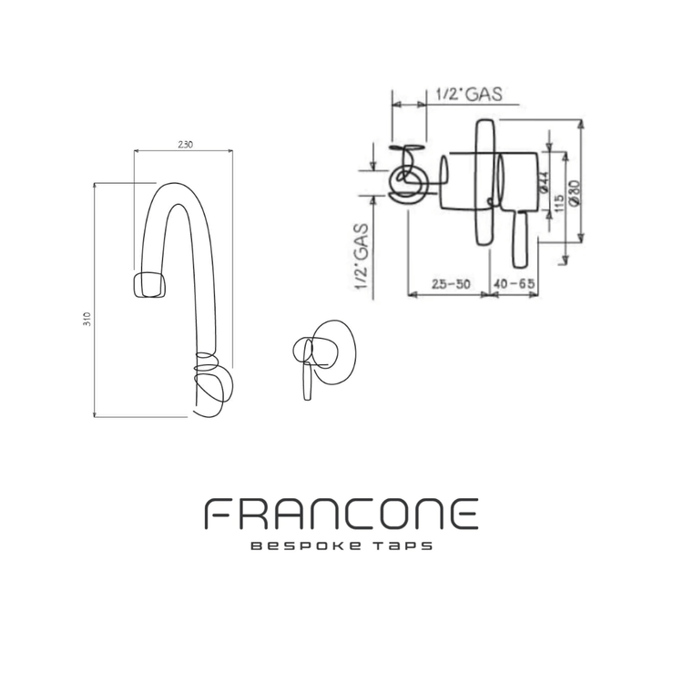 Technical drawing with dimensions for the Francone BT45 wall-mounted brass swivel spout bathroom faucet.