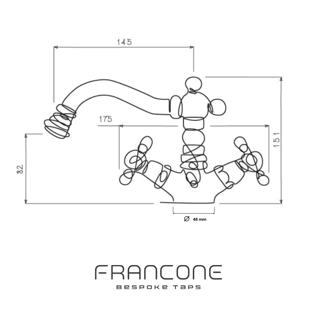 Technical drawing with dimensions for the Francone BT46 traditional deck-mounted classic brass bidet tap faucet.