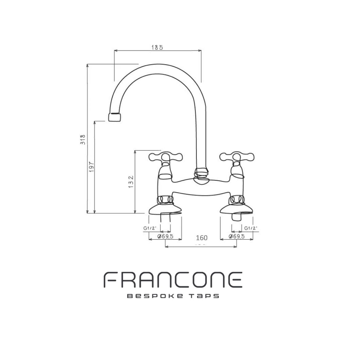 Technical drawing with dimensions for the Francone BT49R traditional double-handle kitchen tap and faucet.