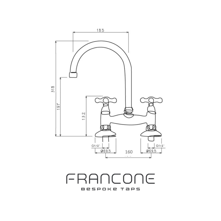 Technical drawing with dimensions for the Francone BT49R traditional double-handle kitchen tap and faucet.