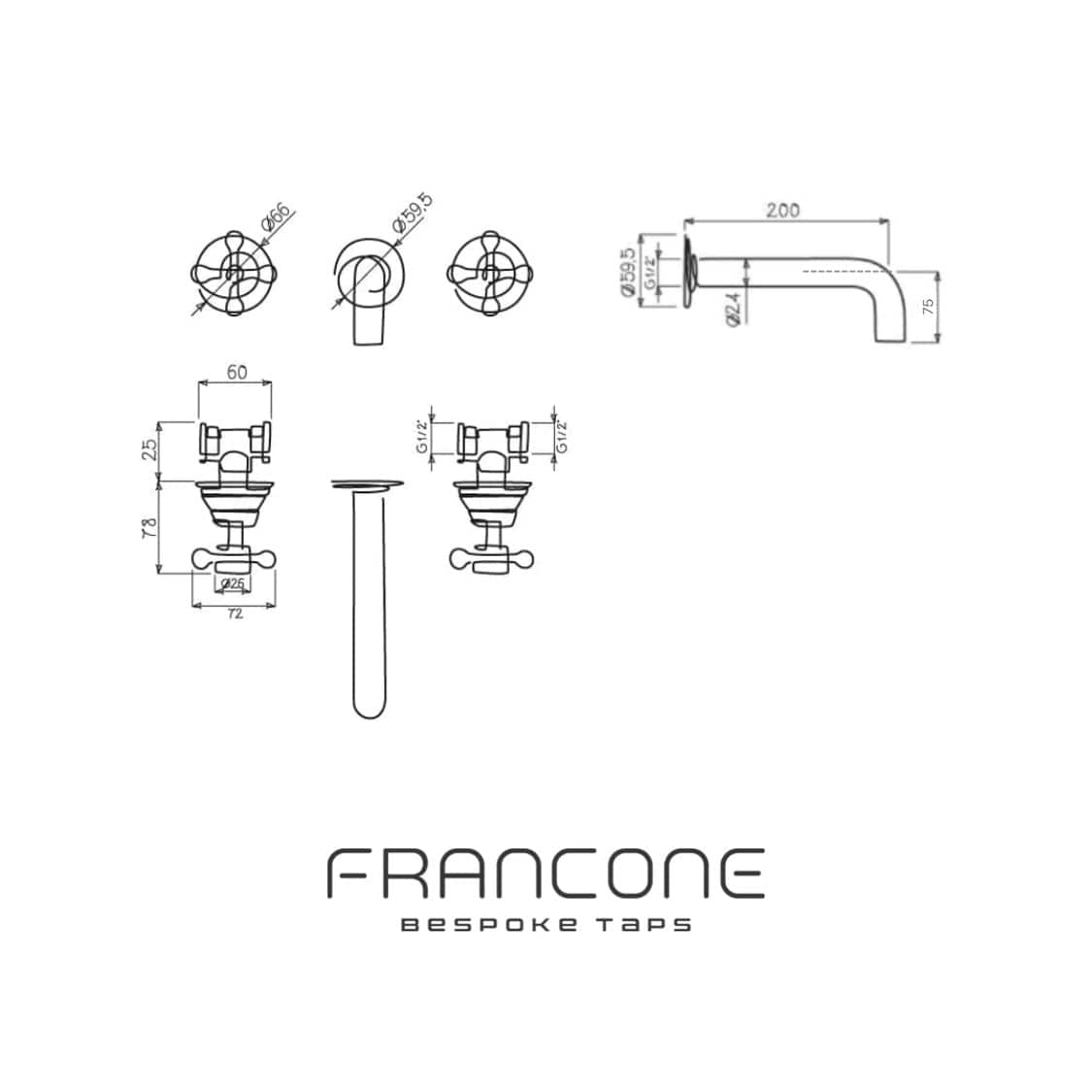 Technical drawing with dimensions for the Francone BT55 wall-mounted basin tap, also a faucet.