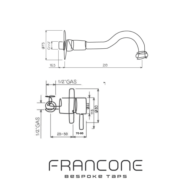 Technical drawing with dimensions for the Francone BT56 wall-mounted progressive mixer faucet.