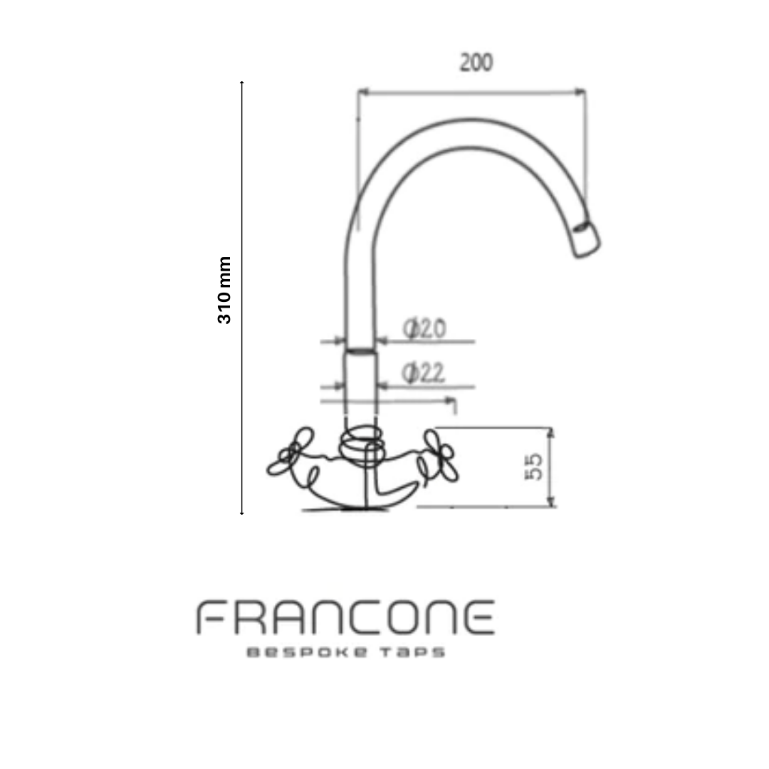 Technical drawing with dimensions for the Francone BT57 traditional solid brass kitchen faucet with curved spout.