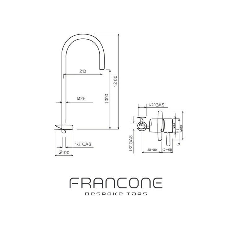 Technical drawing with dimensions for the Francone BT67 floor-mounted bathroom mixer tap and faucet.