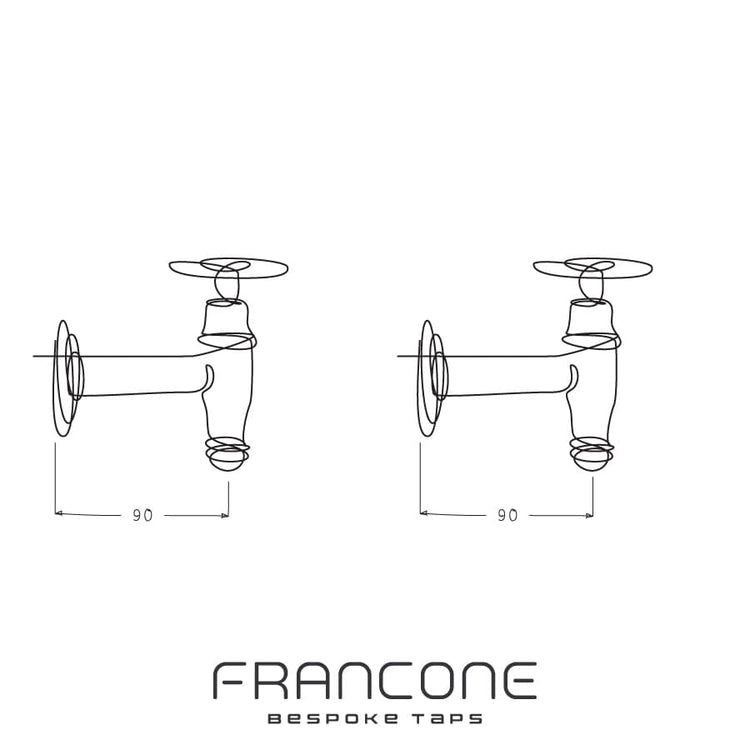 Technical drawing with dimensions for the Francone BT73 traditional solid brass wall-mounted bib taps.