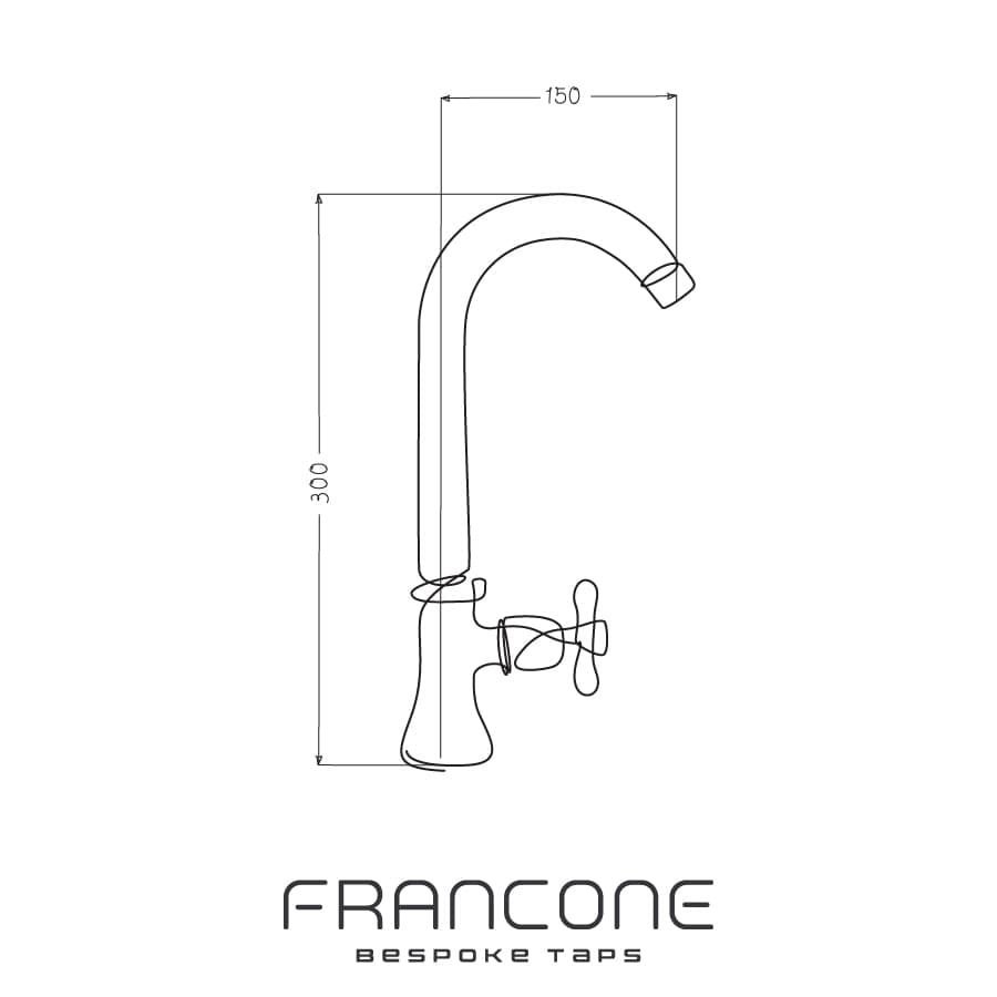 Technical drawing with dimensions of the Francone BT75 traditional solid brass single cold water faucet with swivel spout.