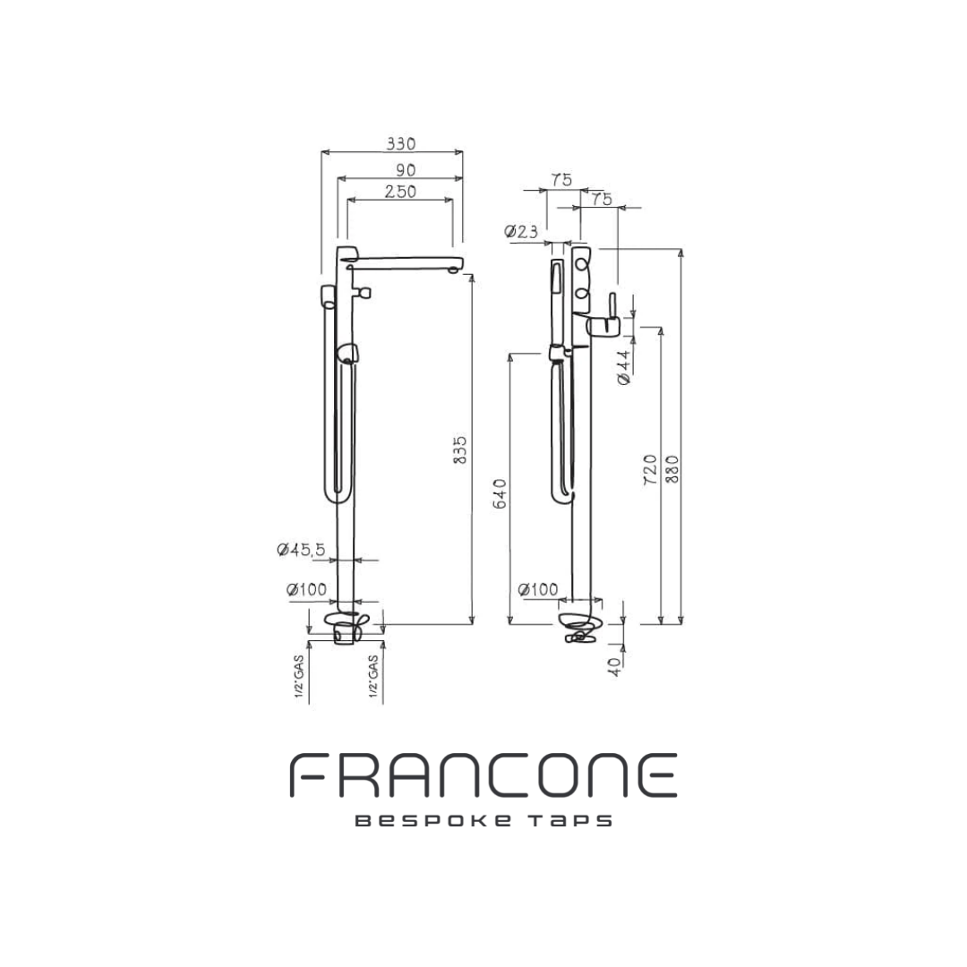 Technical drawing with dimensions for the Francone BT77 floor-mounted bath tap and mixer faucet.