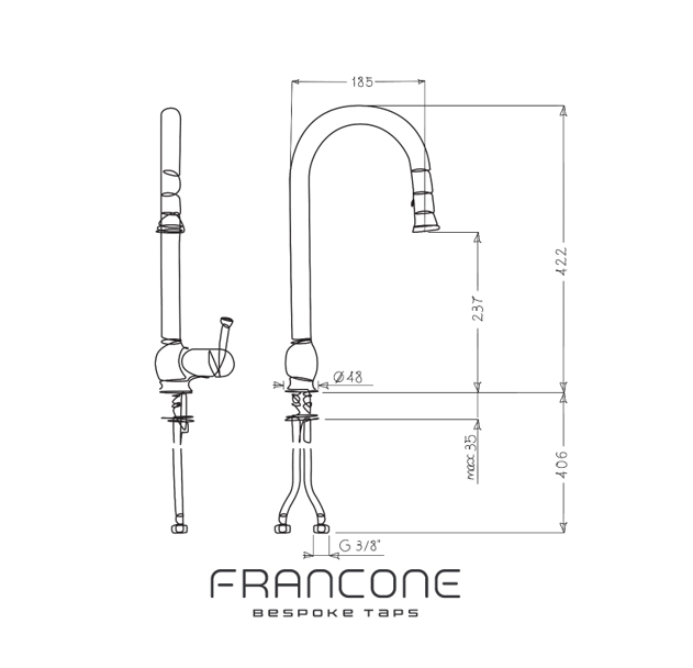 Technical drawing with dimensions for the Francone BT79 classic style kitchen solid brass pull-out faucet.