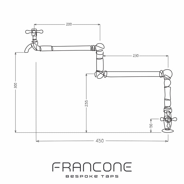 Technical drawing with dimensions for the Francone BT83 solid brass deck mounted kitchen pot filler faucet.