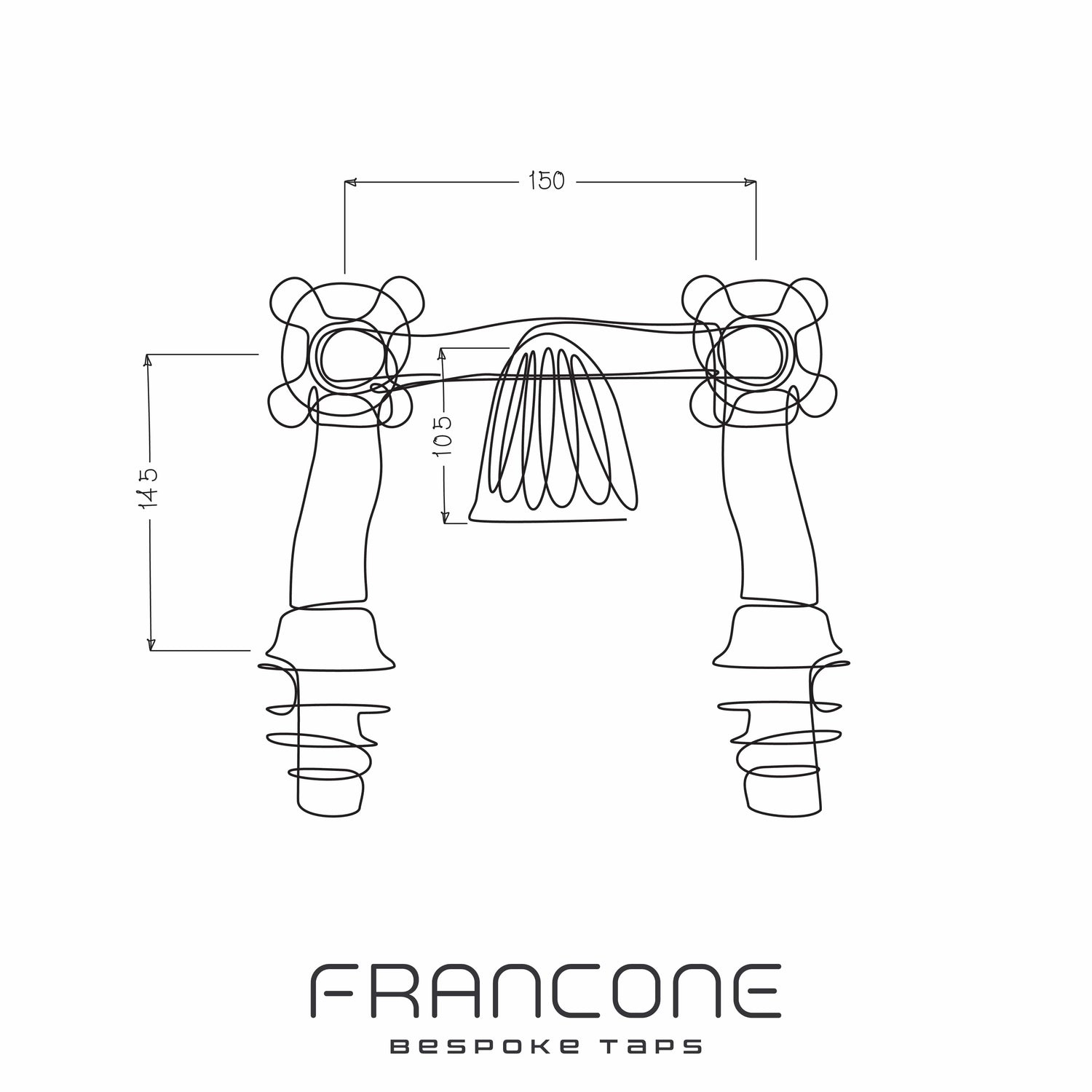 Technical drawing of the Francone BT89D traditional solid brass deck-mounted bath filler faucet.