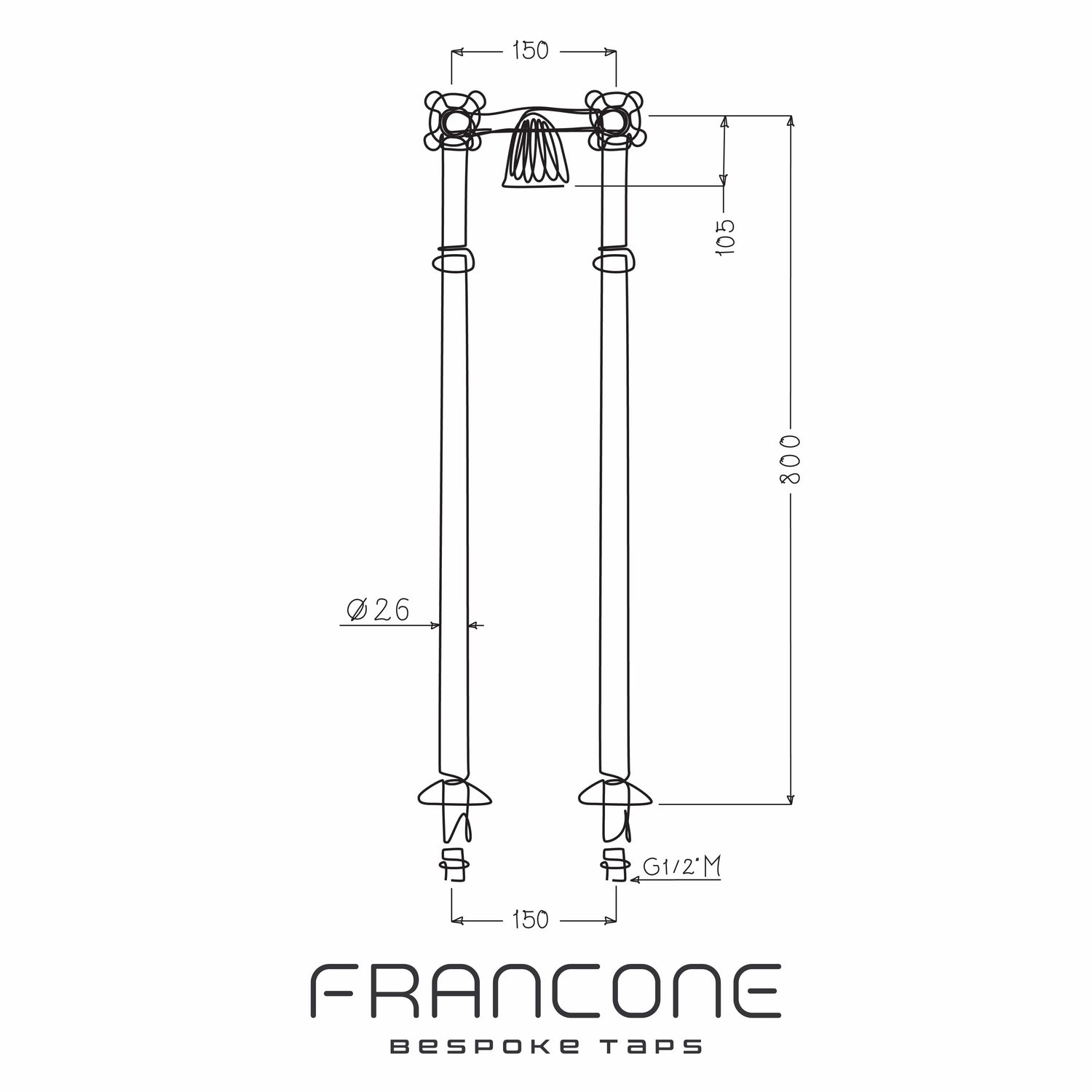 Technical drawing with dimensions for the Francone BT89F traditional solid brass floor-mounted bath filler faucet.