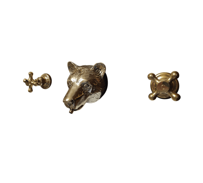 Traditional Francone BT90 unlacquered brass wall mounted bathroom faucet featuring an artisan bear head spout.