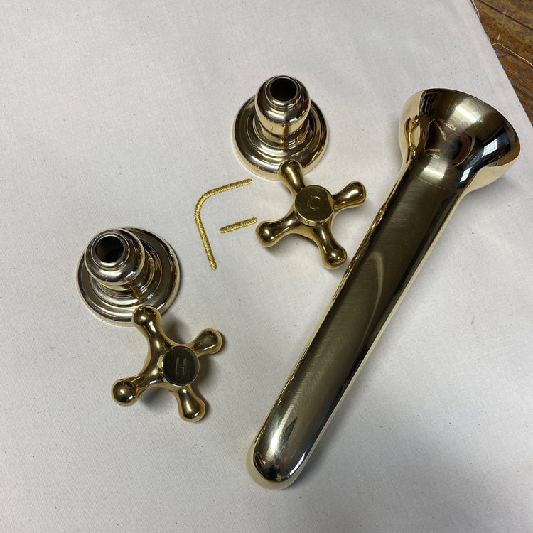Traditional Francone BT91 unlacquered brass wall mounted bathroom tap with hot and cold cross handles.