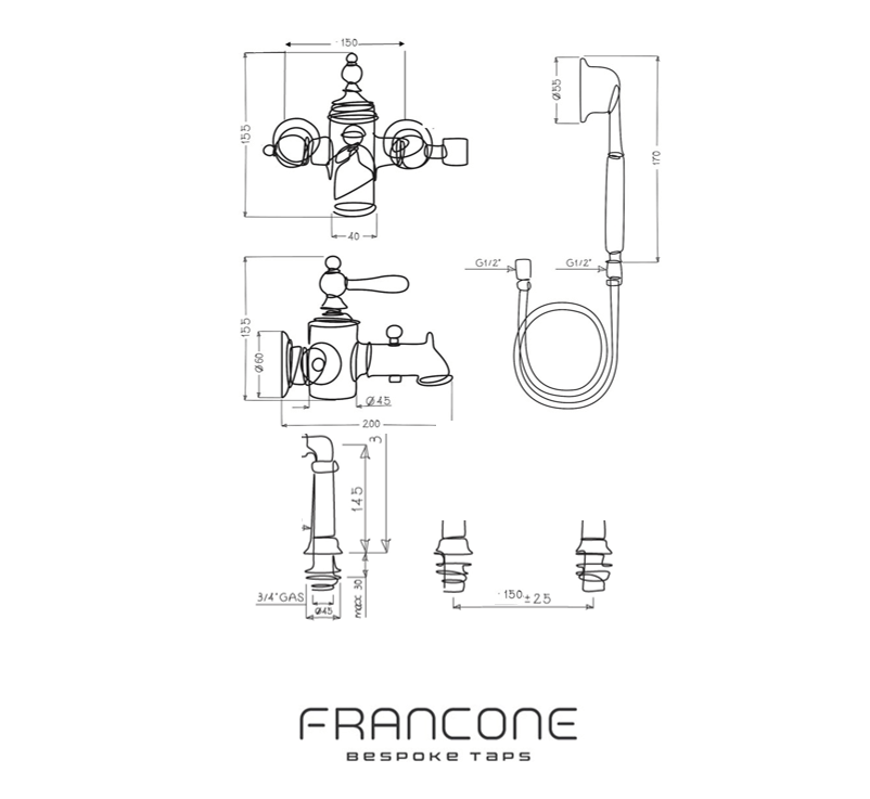 Technical drawing with dimensions for the Francone BT95D traditional bath filler faucet in solid brass.