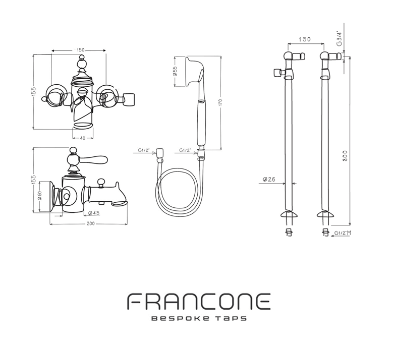 Technical drawing with dimensions for the Francone BT95F solid brass floor-mounted bath mixer tap and hand shower.