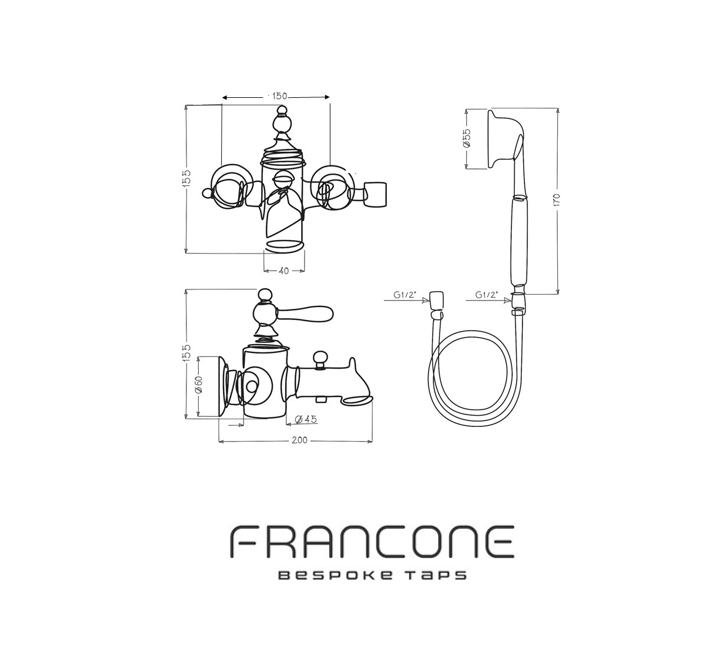 Technical drawing with dimensions for the Francone BT95W solid brass wall mounted bathroom faucet and hand shower.