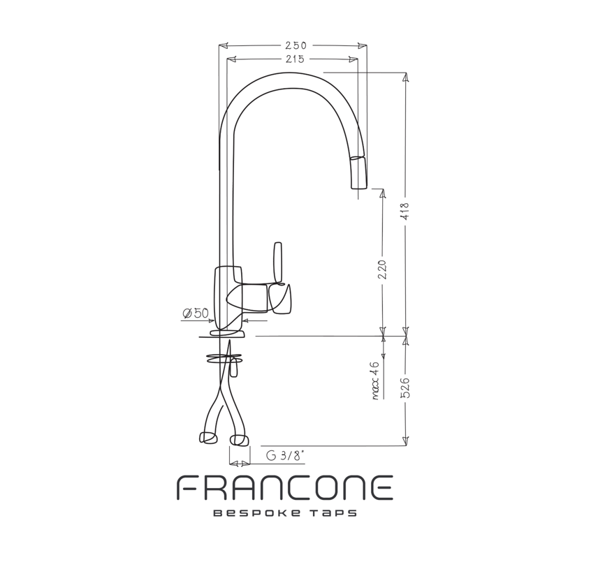 Technical drawing with dimensions for the Francone BT98 solid brass kitchen tap with pull-out mixer faucet.